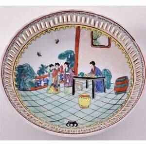ANTIQUE CHINESE FRUIT BOWL-Hand Made/Painted-Rare-9 in Diameter-Familia-Plums